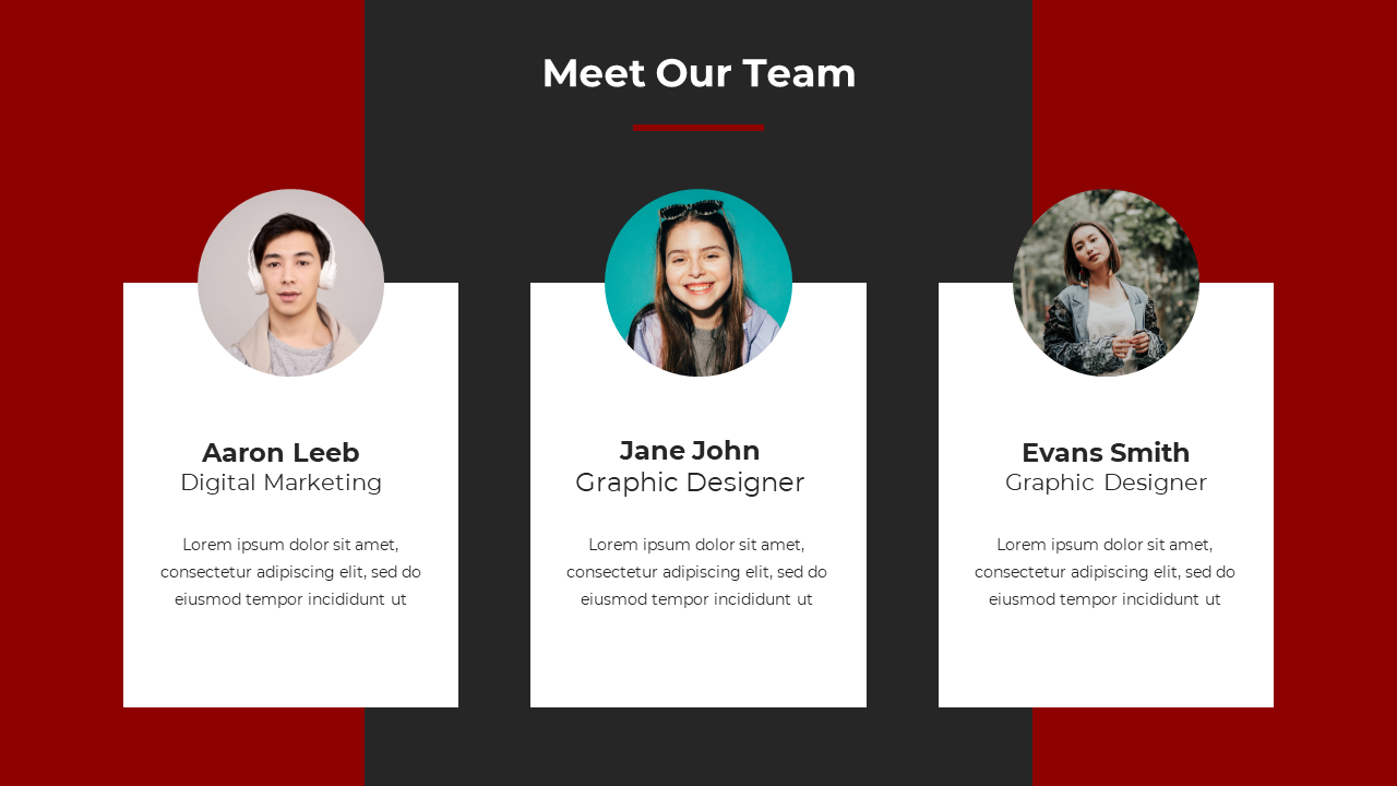 Team introduction section featuring circular portraits of three team members, with job titles, in a red and black layout.