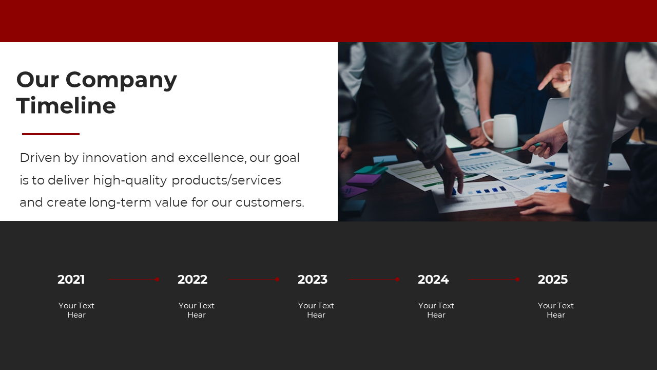Meeting scene with people pointing at printed charts and a timeline showing years from 2021 to 2025 at the bottom.