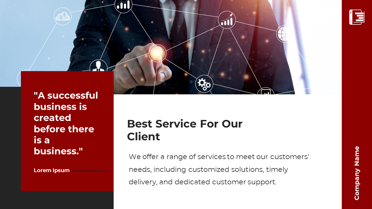 Business themed slide featuring a person pointing at a digital network, with a quote on a red and white layout.