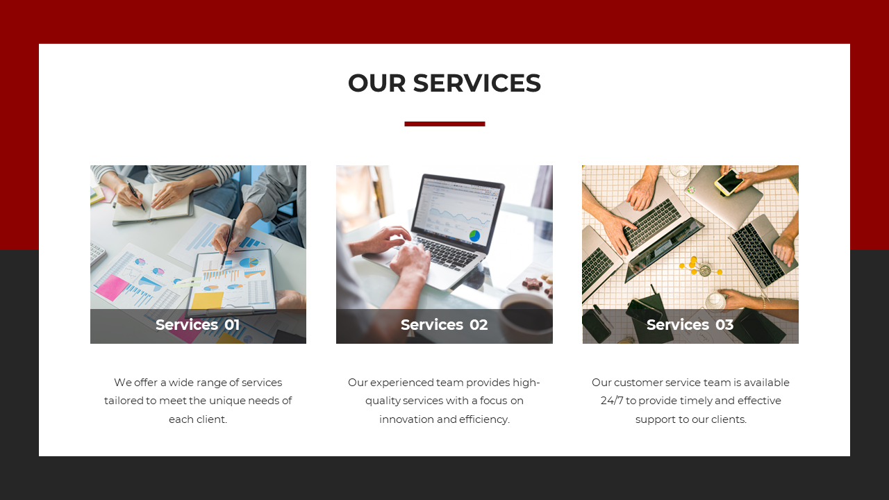 Tri section layout of service with images of business charts, data analysis, and collaboration, framed in red and dark tones.