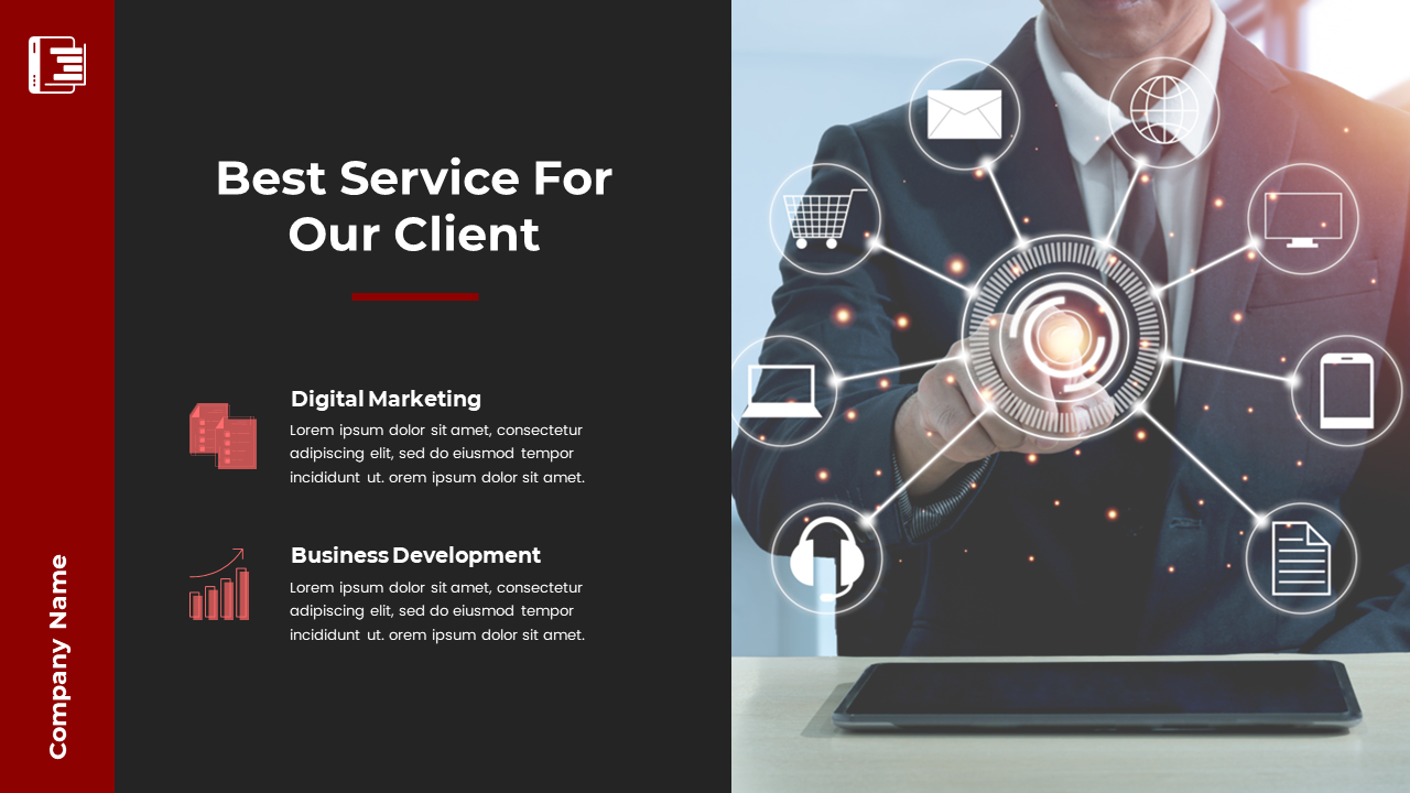 Red and black slide showcasing two service categories and an image of a businessman interacting with connected icons.