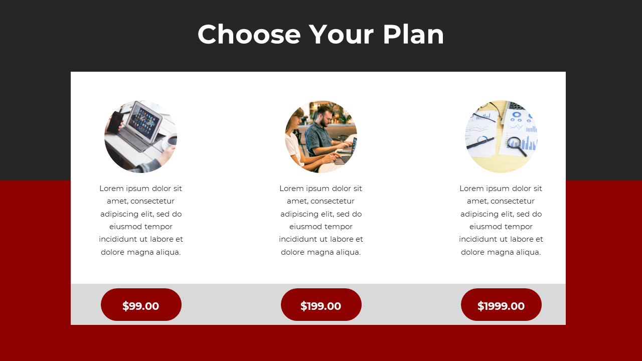 Red and black slide with three circular images for pricing options, on a white box with price labels below.