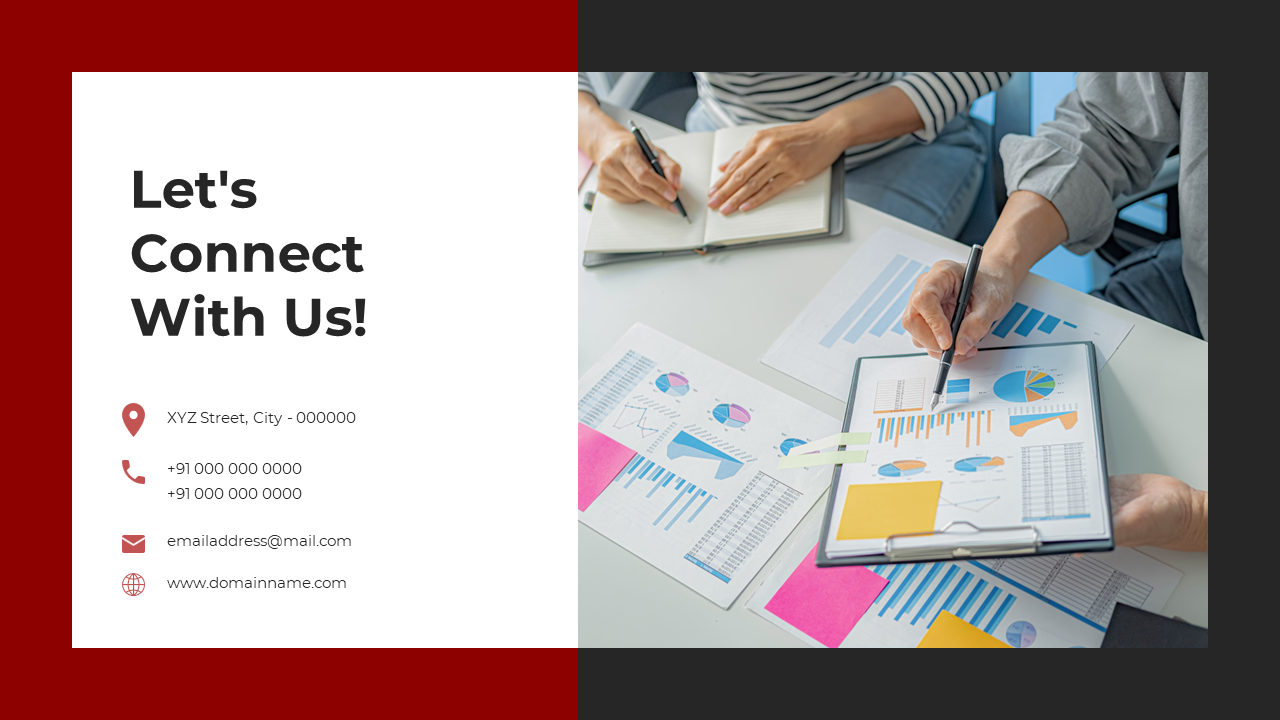 Red themed slide with contact details and a photo of people analyzing charts and graphs on a desk.
