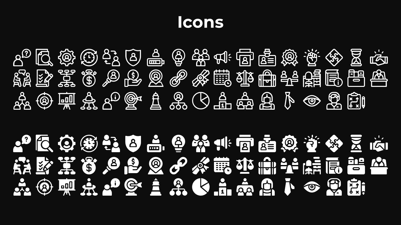 White outline and filled icons on a black background, showcasing symbols for teamwork, business, and communication.