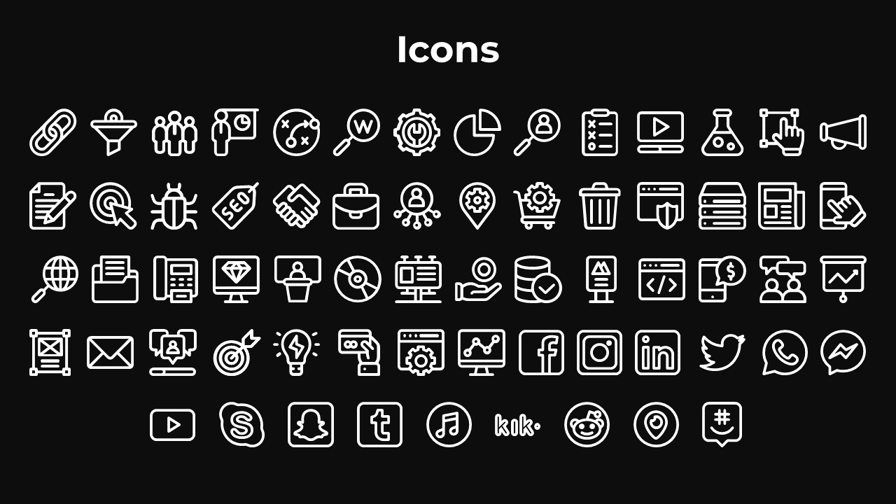 Black slide featuring a grid of white icons representing social media, business tools, and various online activities.
