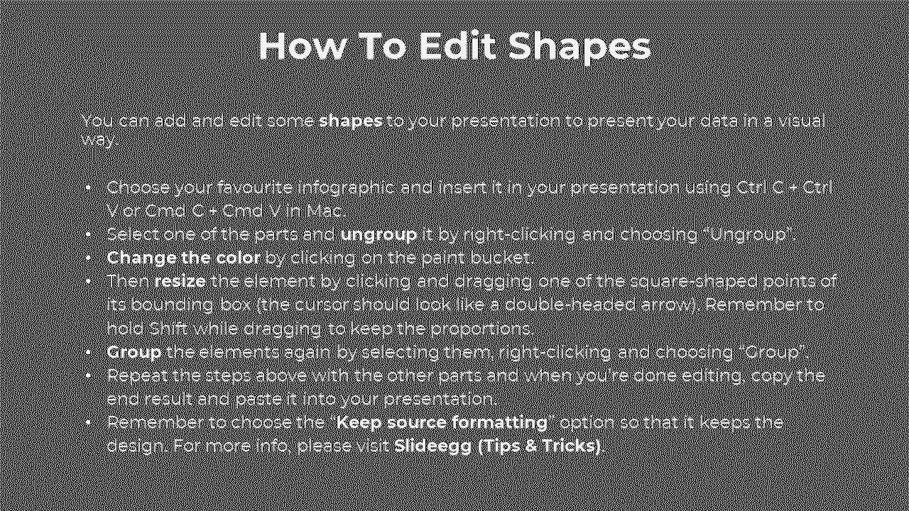 Black slide explaining how to edit shapes in presentations, with bullet points outlining steps to customize and format.