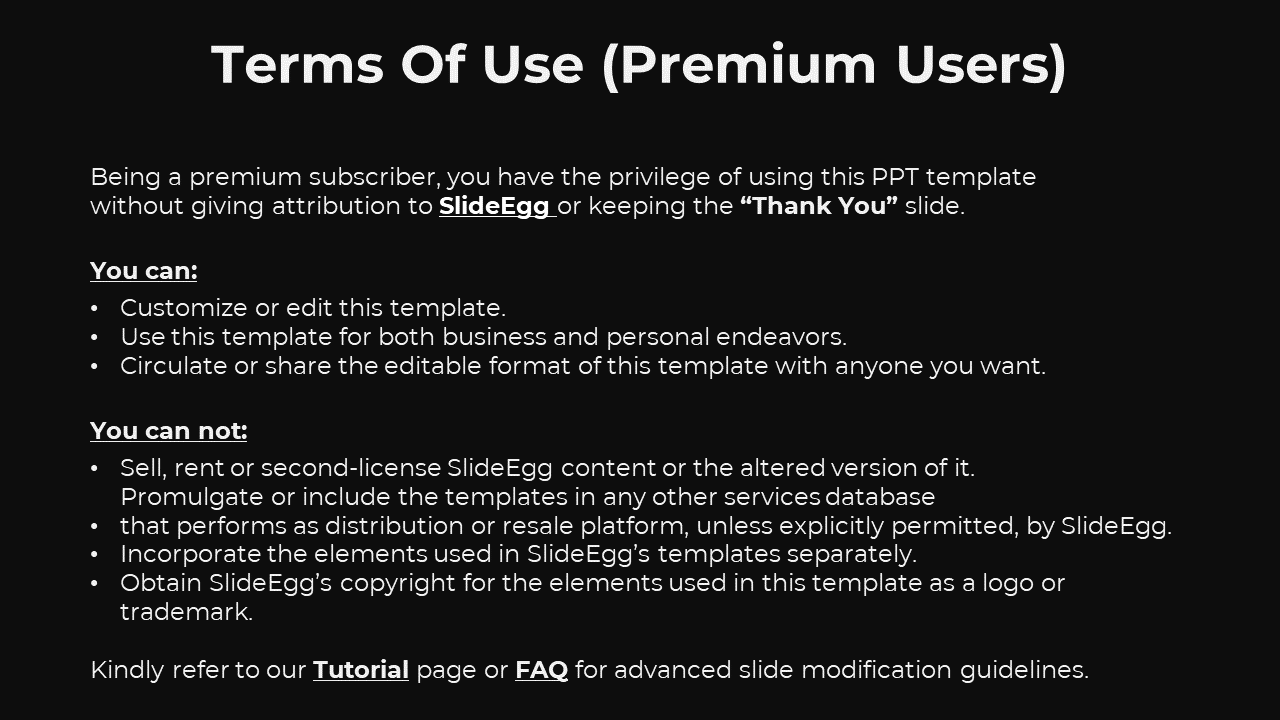 Black background slide with white text outlining the privileges and restrictions of premium users.