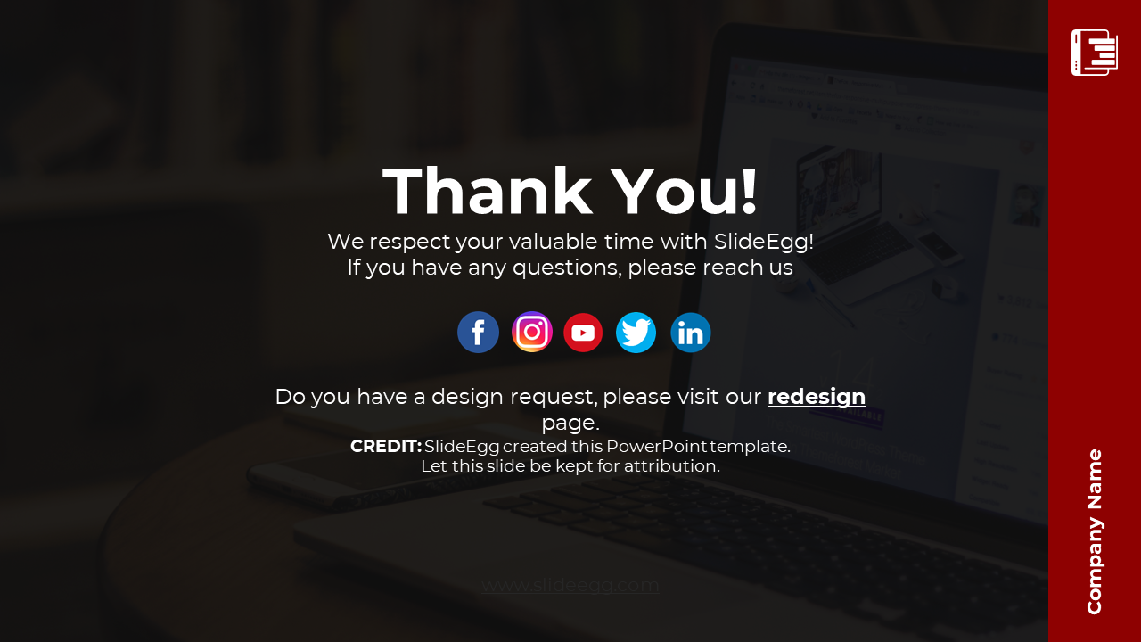 Thank you slide showing a laptop with a blurred dark background and social media icons, with a message.