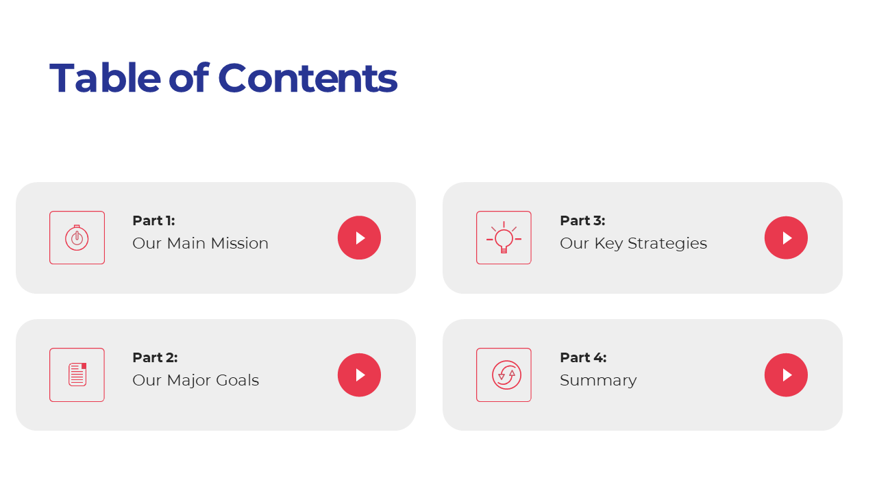 Slide with a table of contents, highlighting four gray parts with red icons and play buttons for easy navigation.