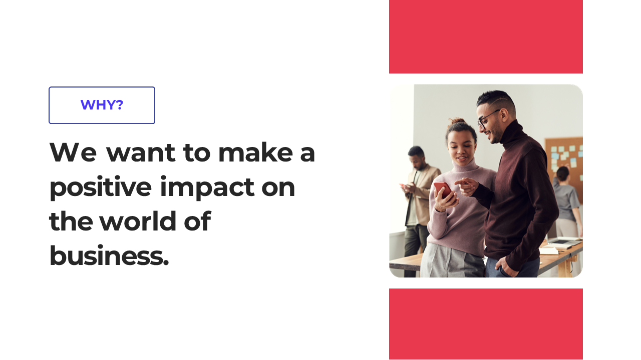 Team working together, with one person on their phone, framed by a red border, and bold text on the left.