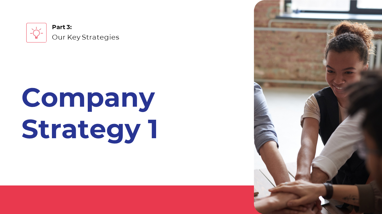 Red and white layout with a group of people joining hands in the center and blue text on the left about company strategy.