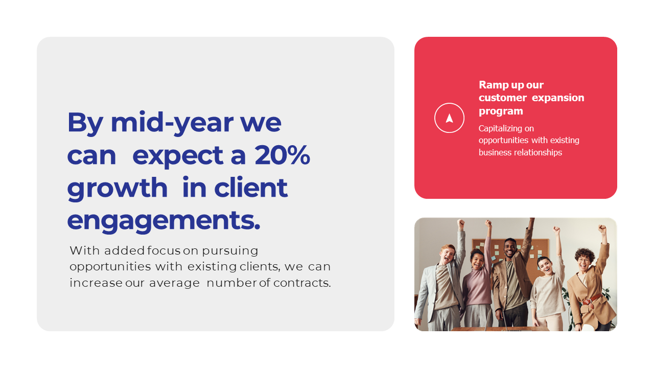 Slide with a celebratory group photo, paired with blue text on a clean white background and a red header box.