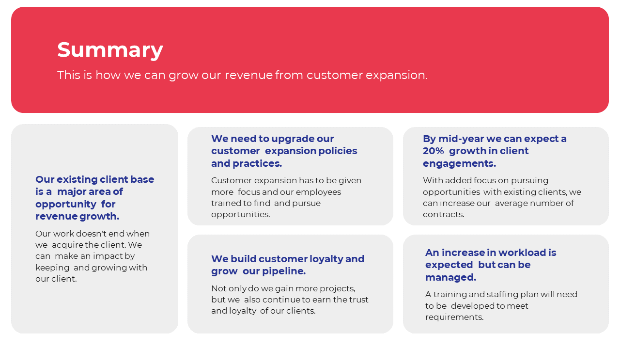 Summary slide with a red header and four gray colored boxes outlining key points, with blue text.