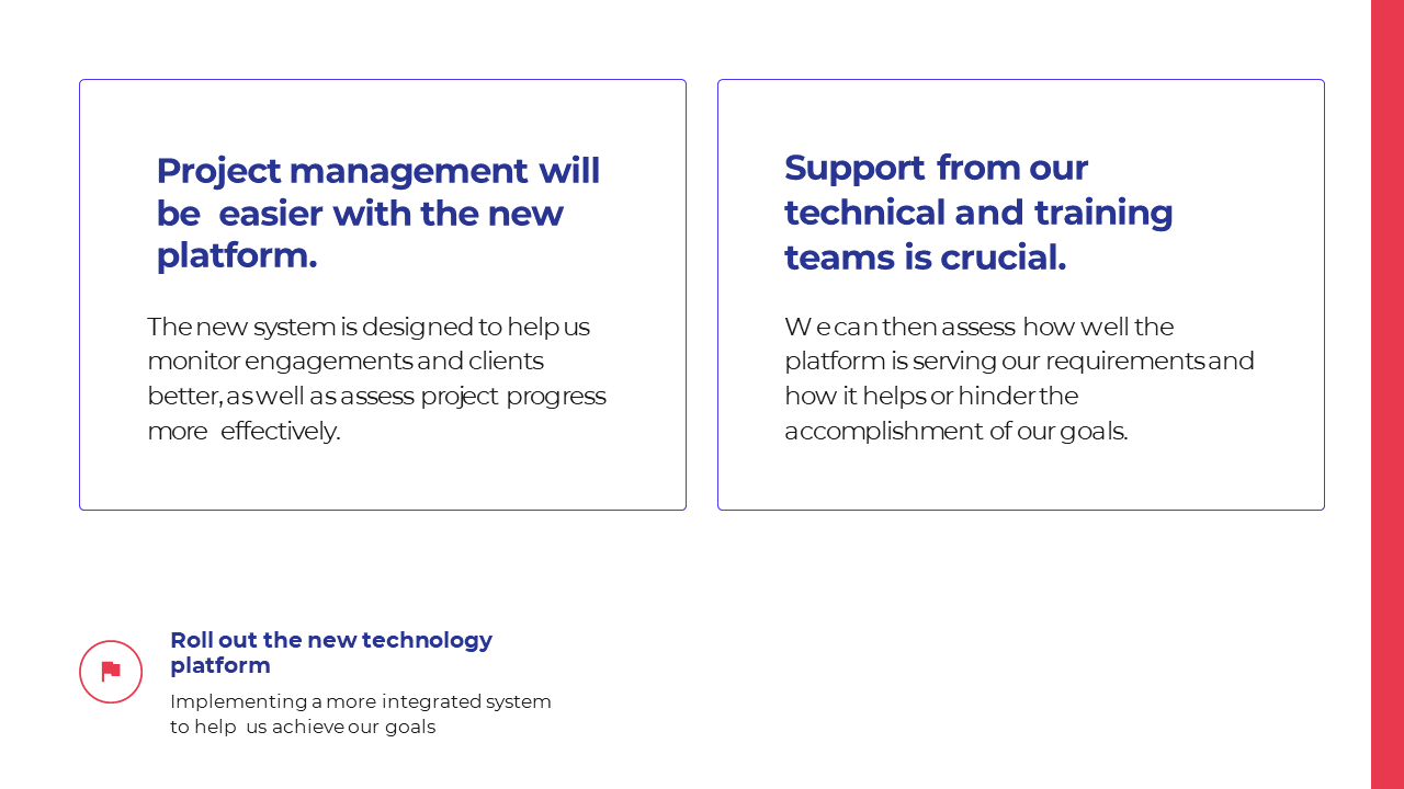Two column layout with blue bordered text boxes explaining how a new platform will improve project management with red frame.