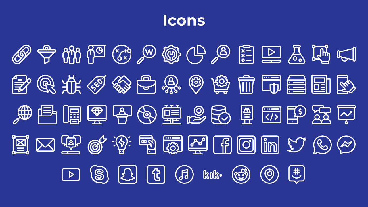 Collection of white icons on a blue background, featuring various symbols for social media, technology, and business tools.