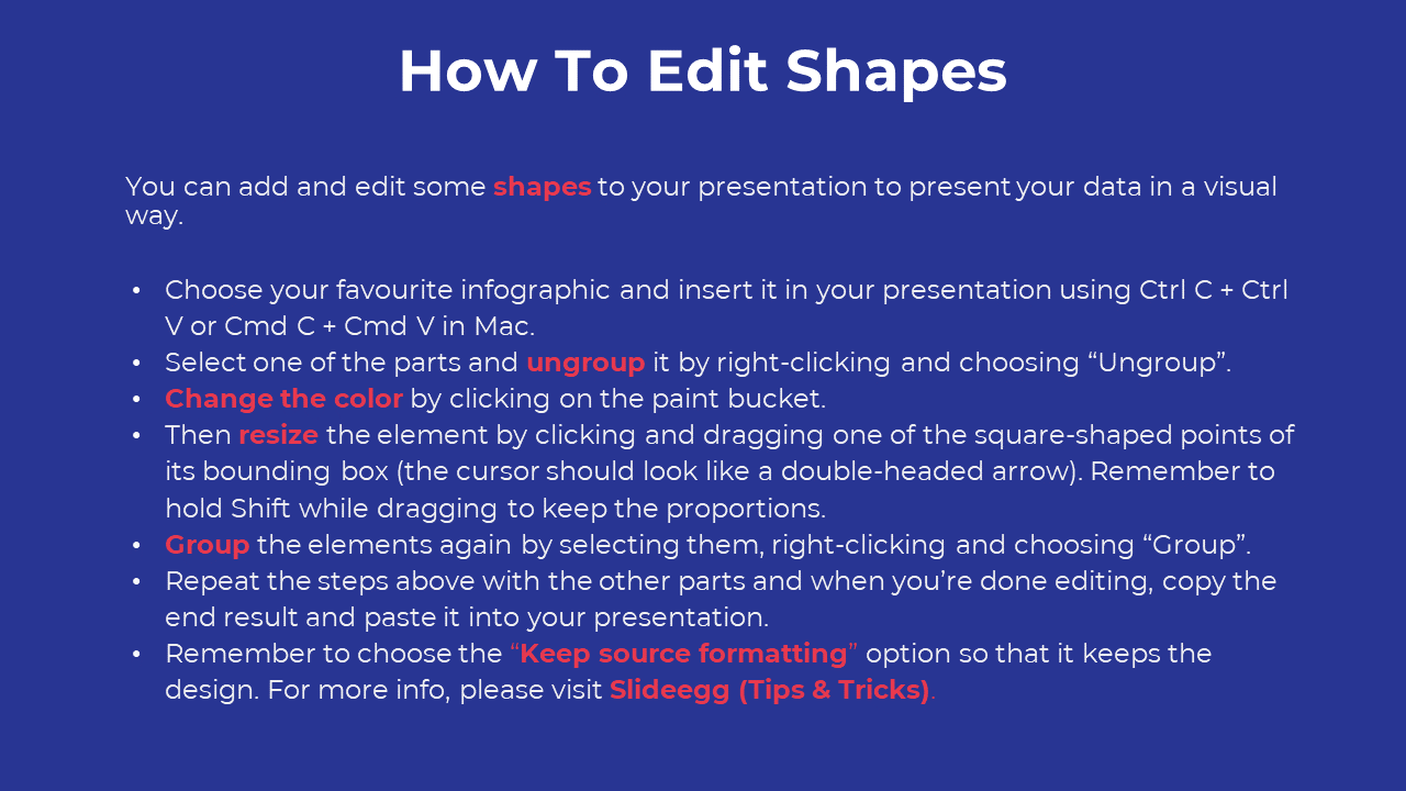 Slide explaining how to customize shapes in a presentation, with red highlighted text, set on a blue background.