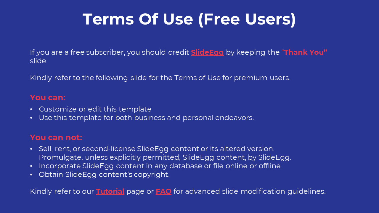 Slide outlining the terms of use for free subscribers, with red highlighted text, on a blue background.