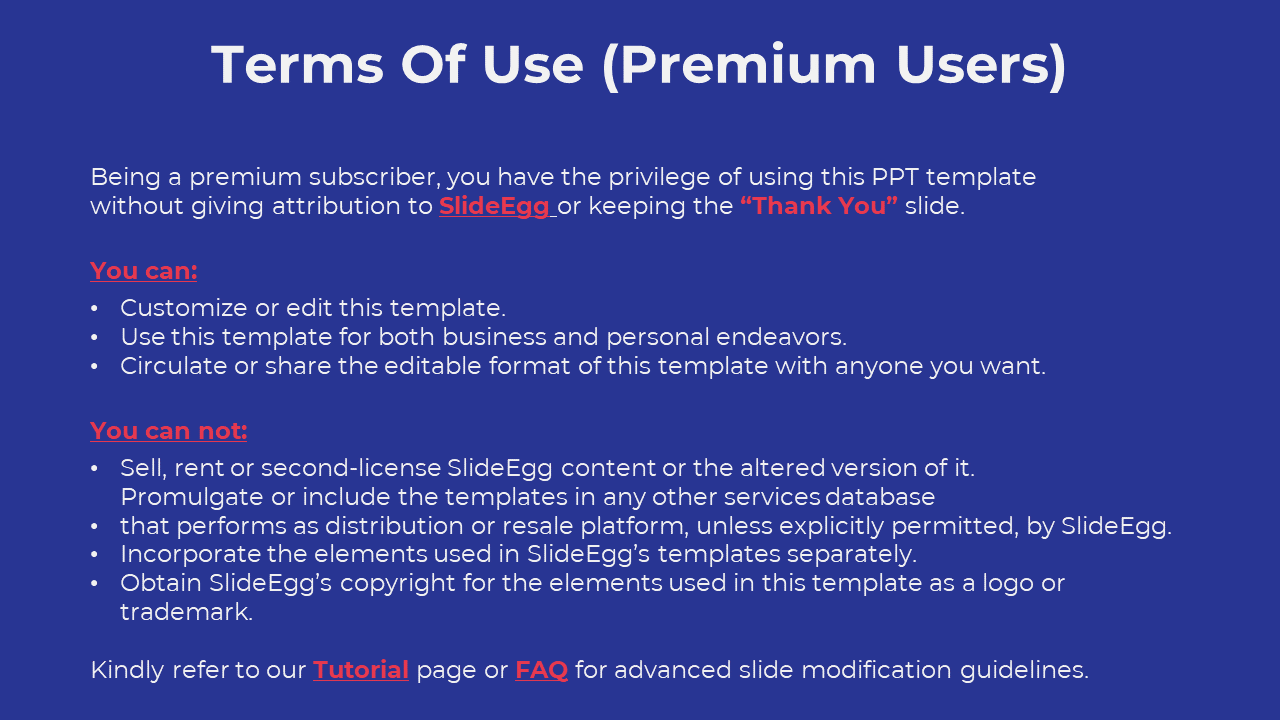 Terms of use slide for premium users, with a blue background, listing permissions and restrictions with red highlighted text.