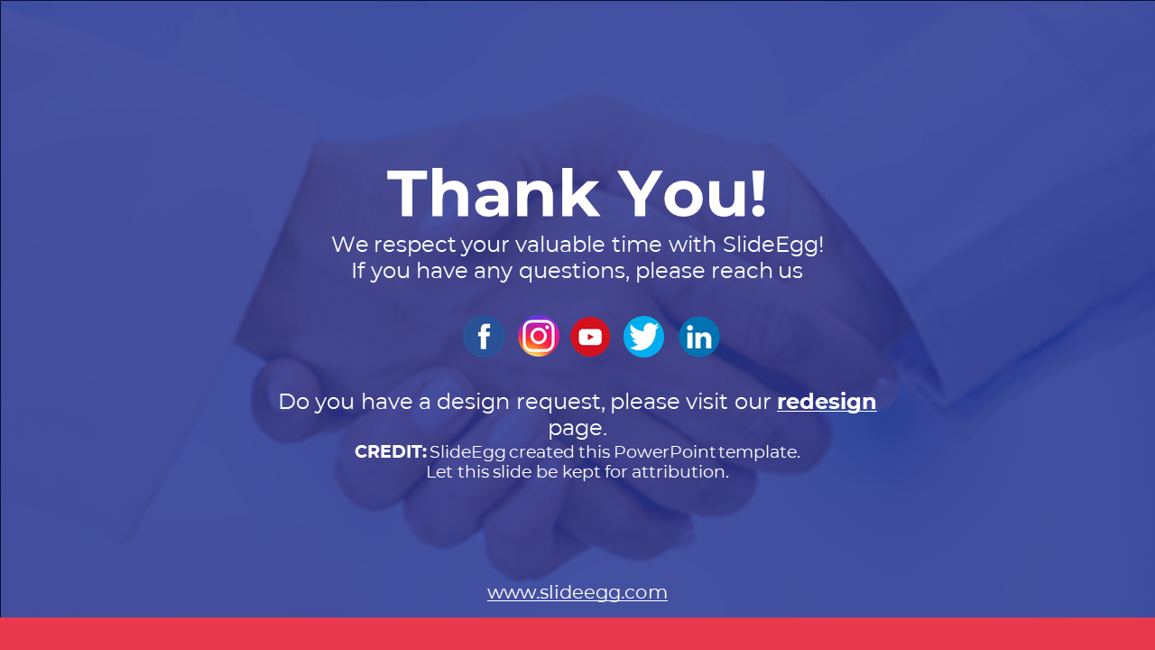 Thank you slide with a handshake background, social media icons, and contact information, framed in blue and red.