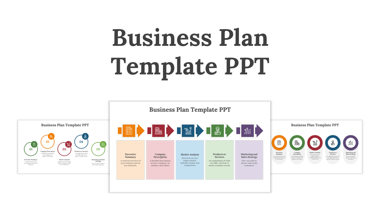Collage of three business plan layout with five colorful sections, arrows, and circular icons, using vibrant colors.