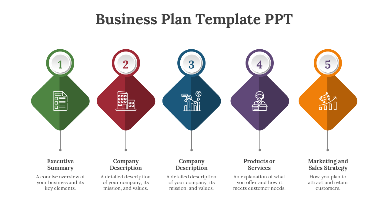 Business plan template with five diamond icons in green, red, blue, purple, and orange, each containing a number at top.