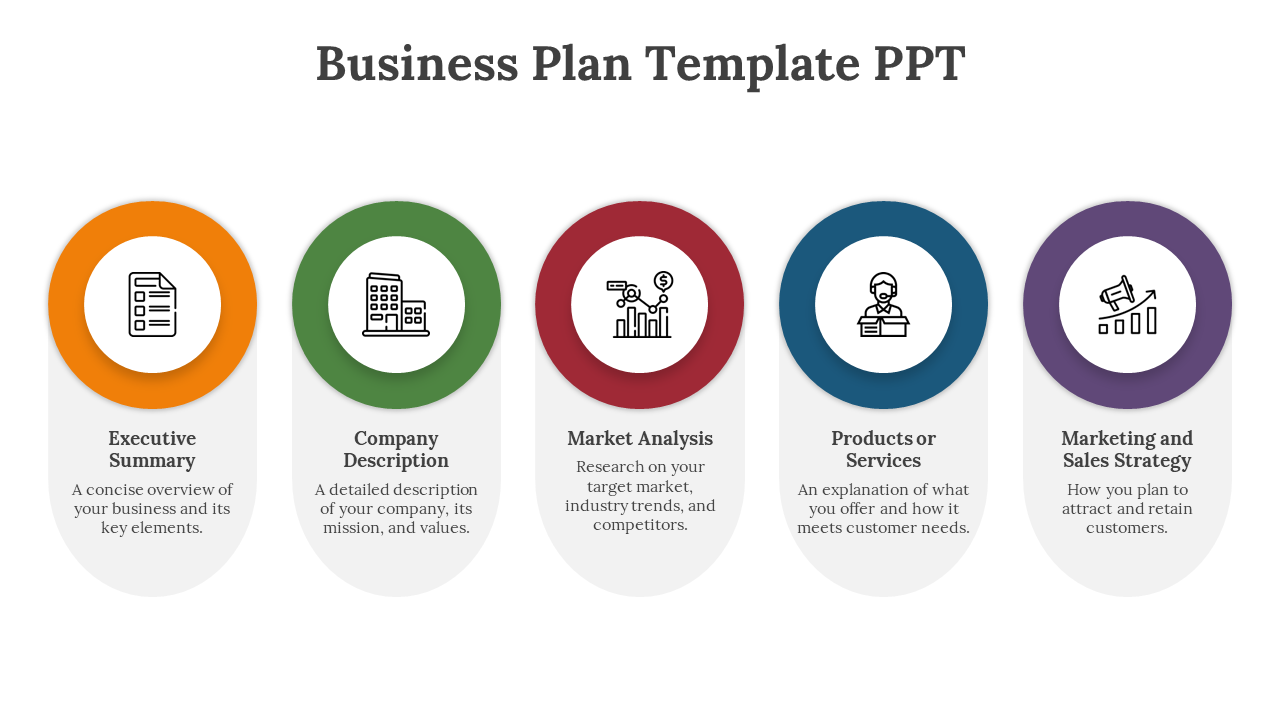 Business plan slide with five circles in orange, green, red, blue, and purple, each with an icon and corresponding label.