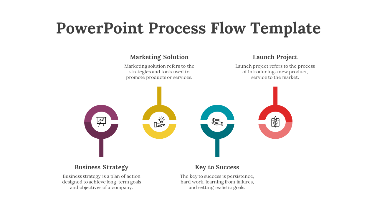 Four circular icons in purple, yellow, teal, and red, linked with straight lines in a horizontal process flow layout.