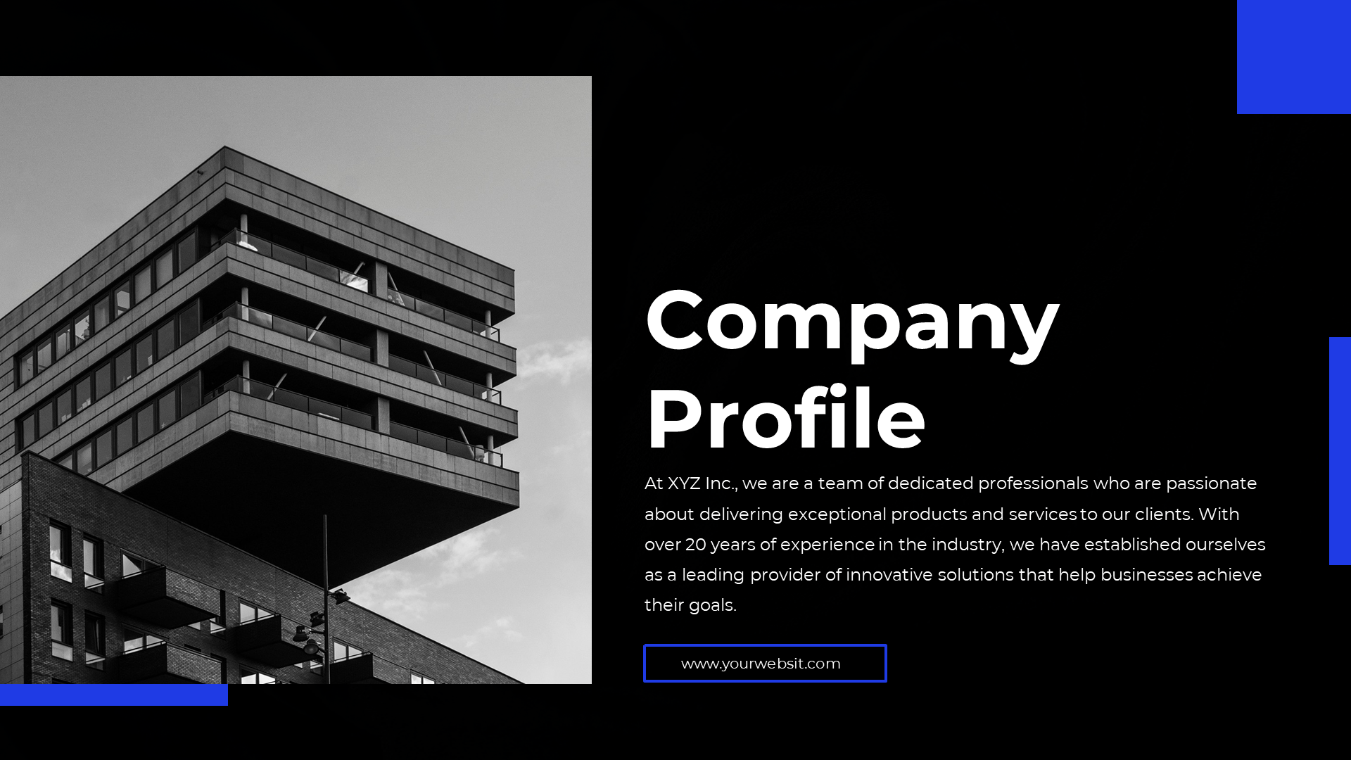 Comapny profile slide with a modern black and white image of a building, featuring blue accents and text on the right.