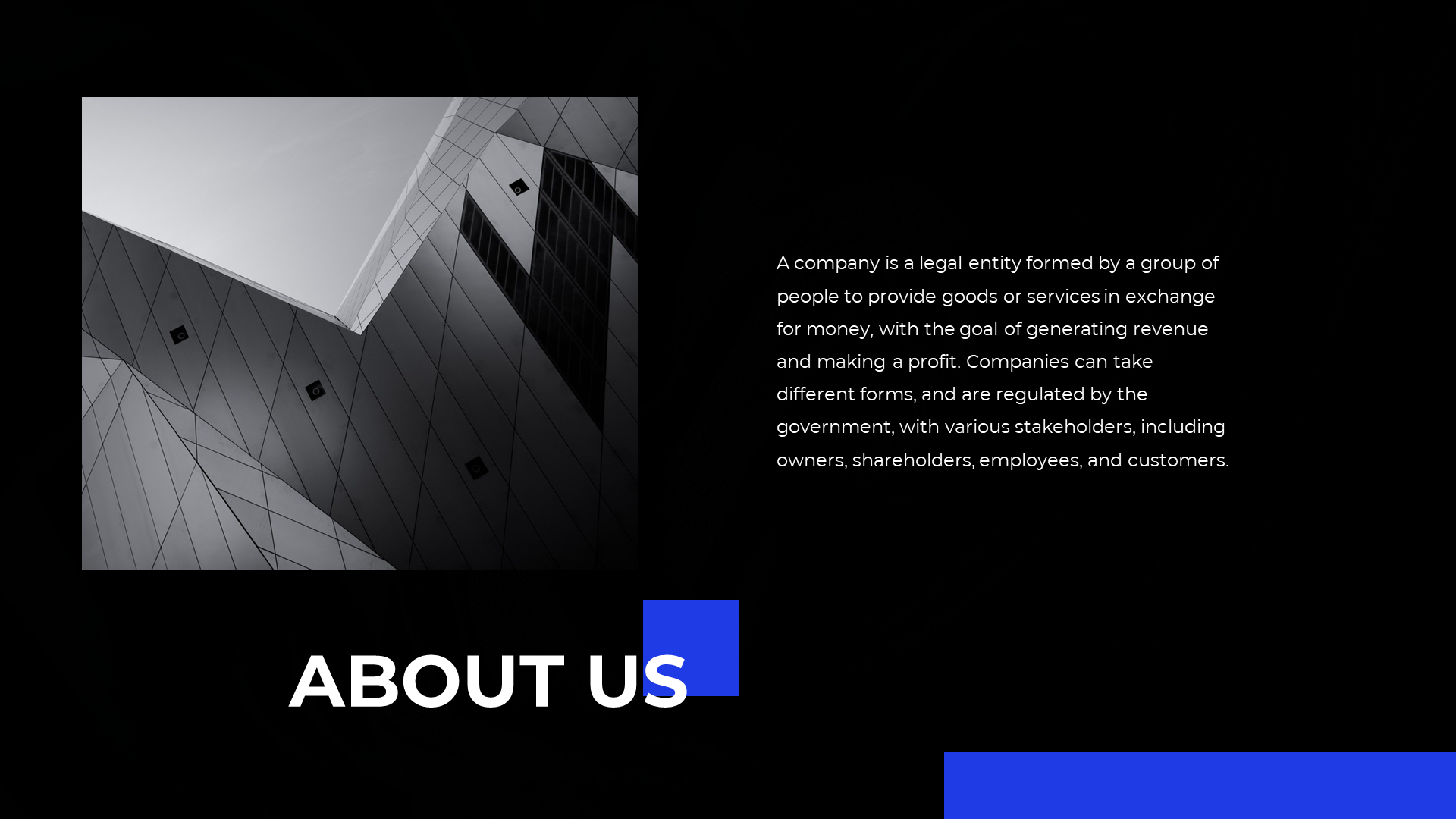 About us slide with a black and white image of modern architecture, featuring blue accent squares and text on the right.
