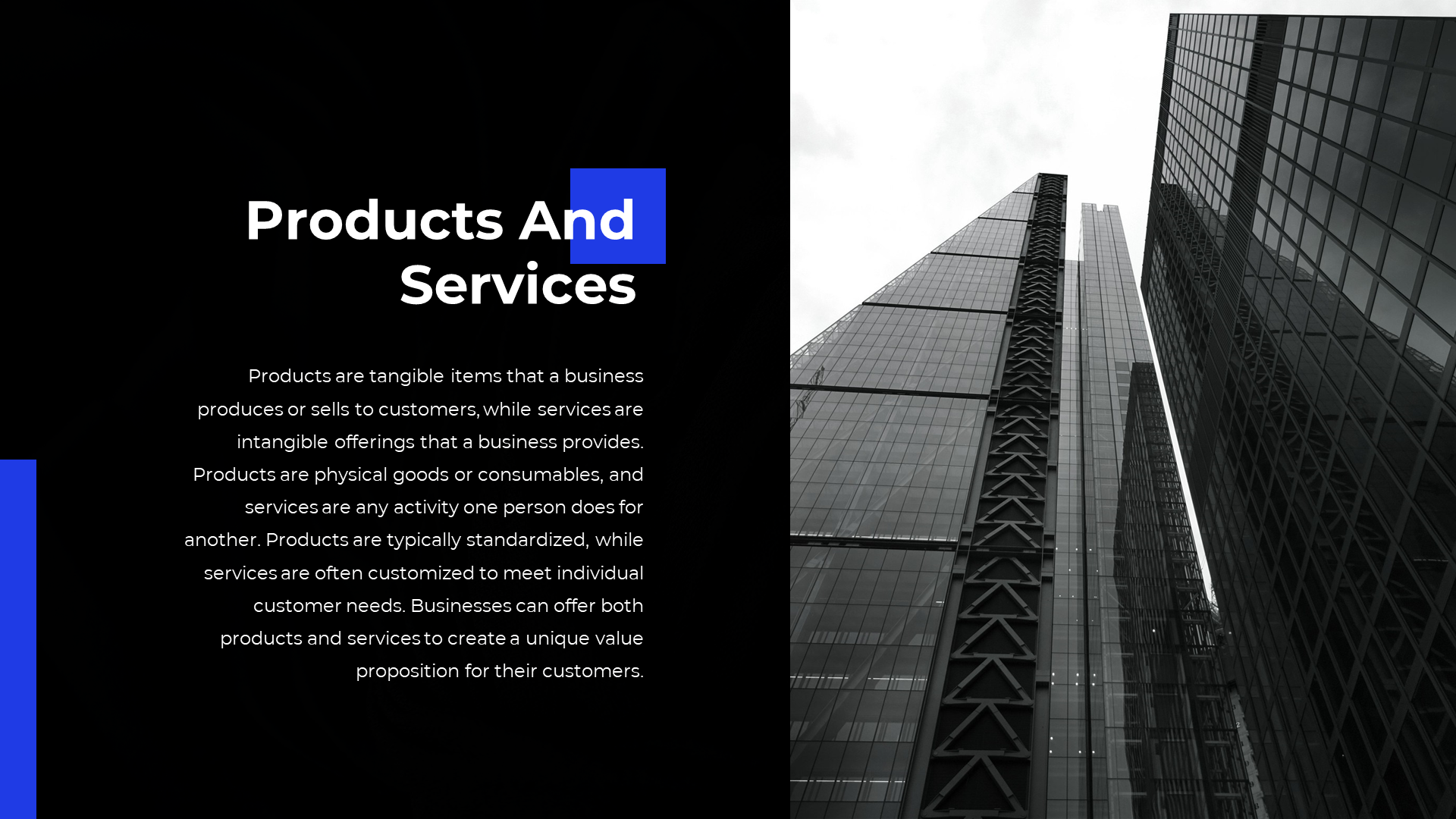 Slide featuring black and white images of skyscrapers with blue squares, outlining products and services in a clean design.