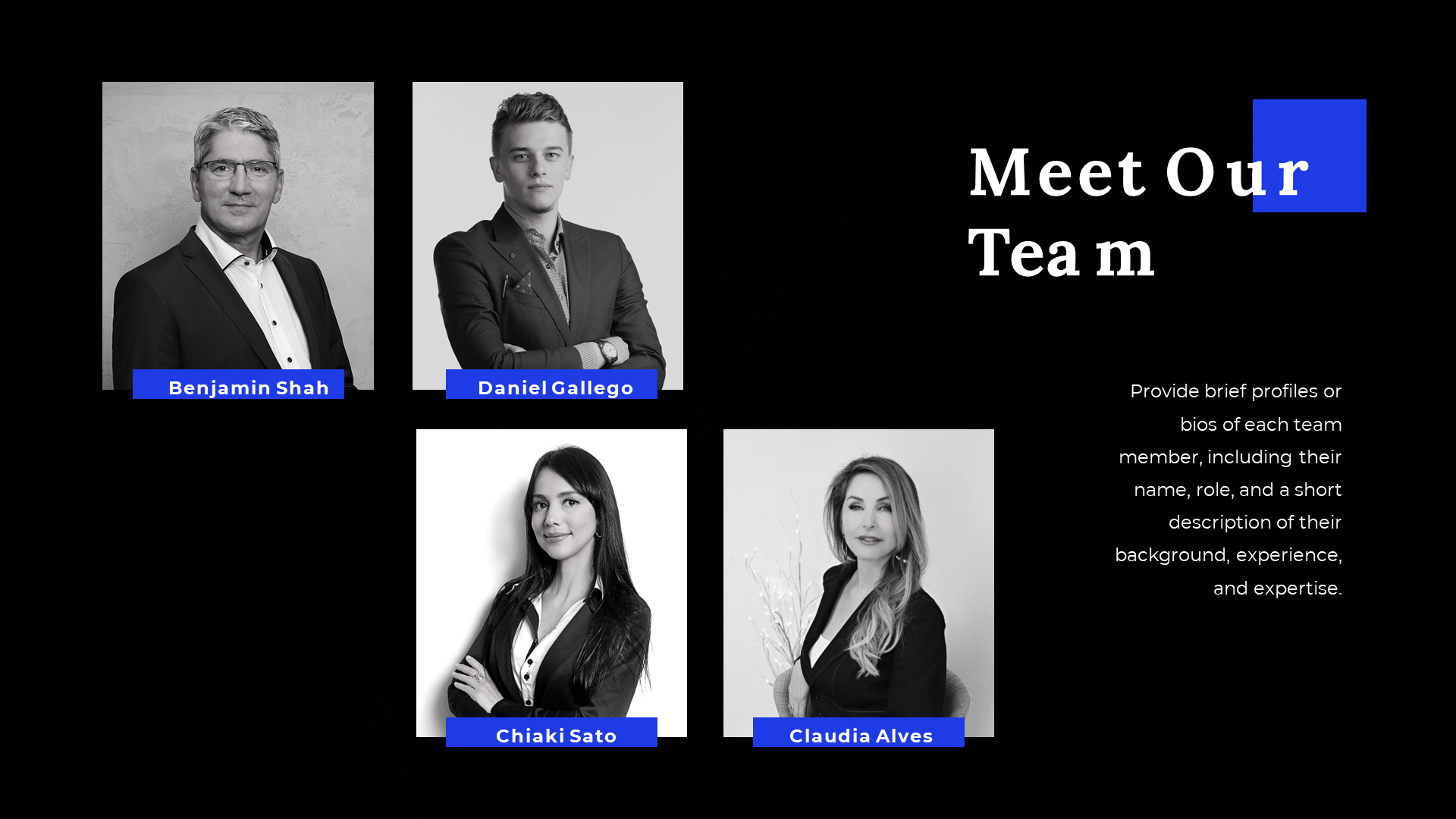 Meet our team slide featuring four professional headshots in black and white, with names highlighted in blue.
