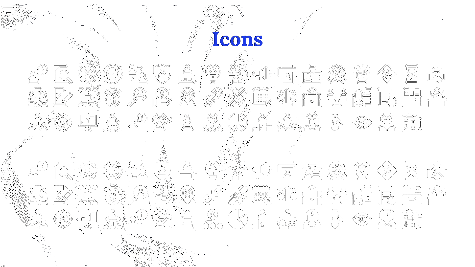 Collection of white outlined and filled icons displayed in two sections, and blue title, set on a black background,
