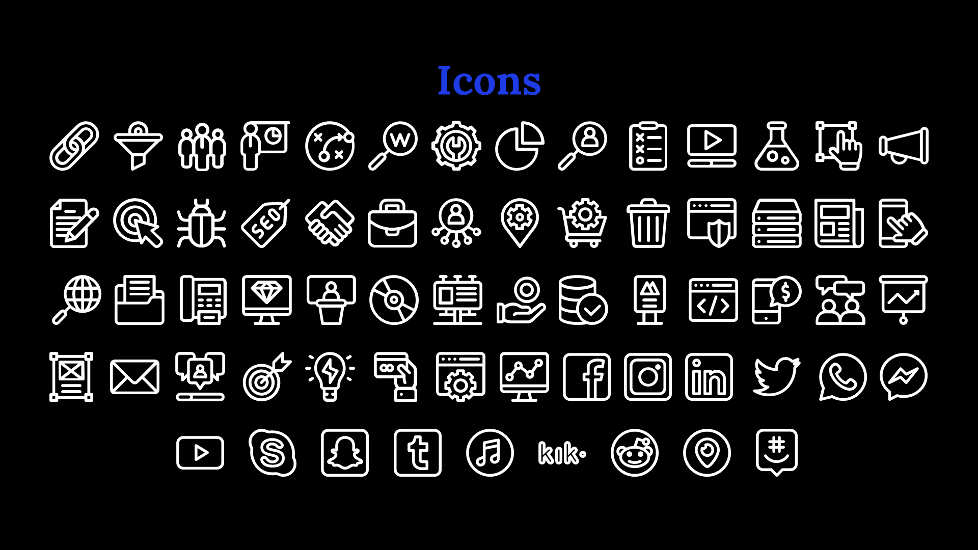 Grid of white icons on a black background, representing business, social media, technology, and communication topics.