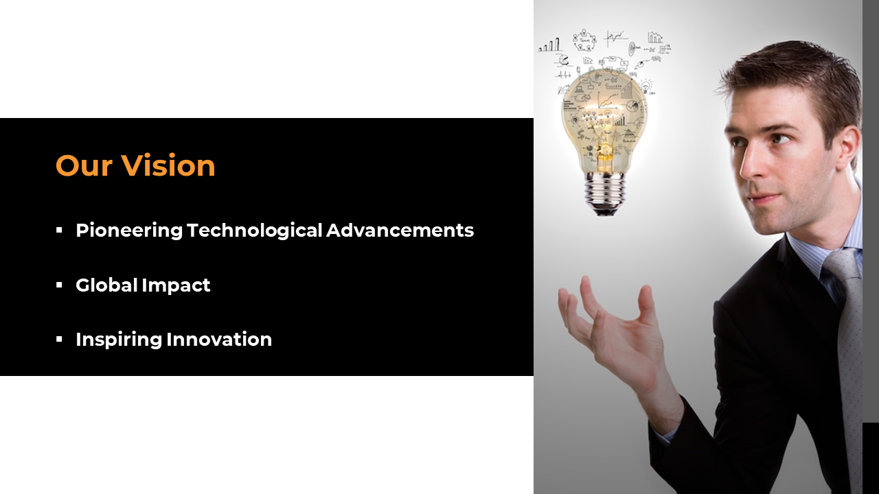 Vision slide showing a businessman near a lightbulb with floating graphs and three key points on a black rectangular box.