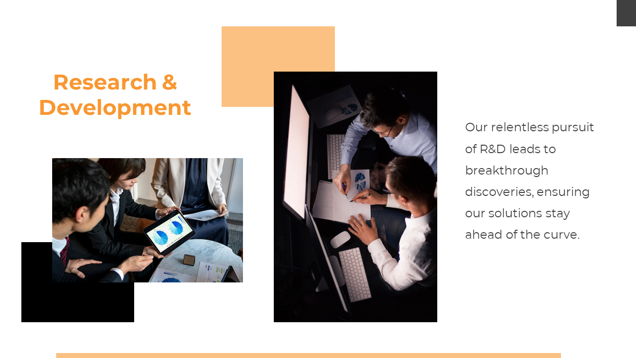 Research and development slide with two photos of a team discussing products and another of designers working on datas.