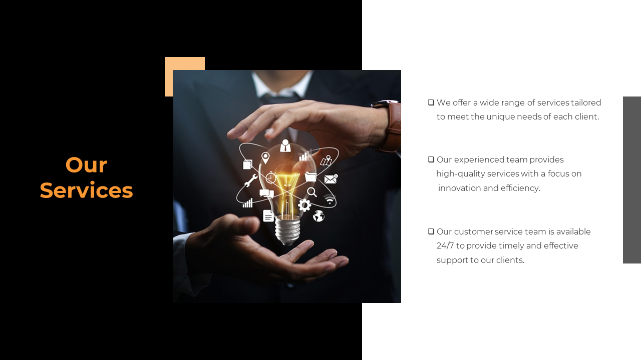 Our services slide with bullet points detailing offerings, and a hand holding a lightbulb graphic surrounded by icons.