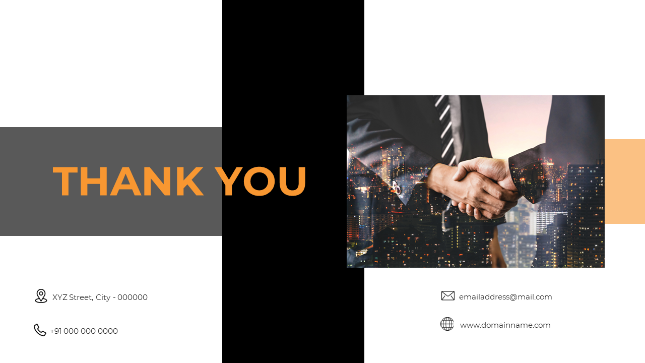 Thank you slide with bold orange text, business handshake image, and contact details on a split dark and light background.