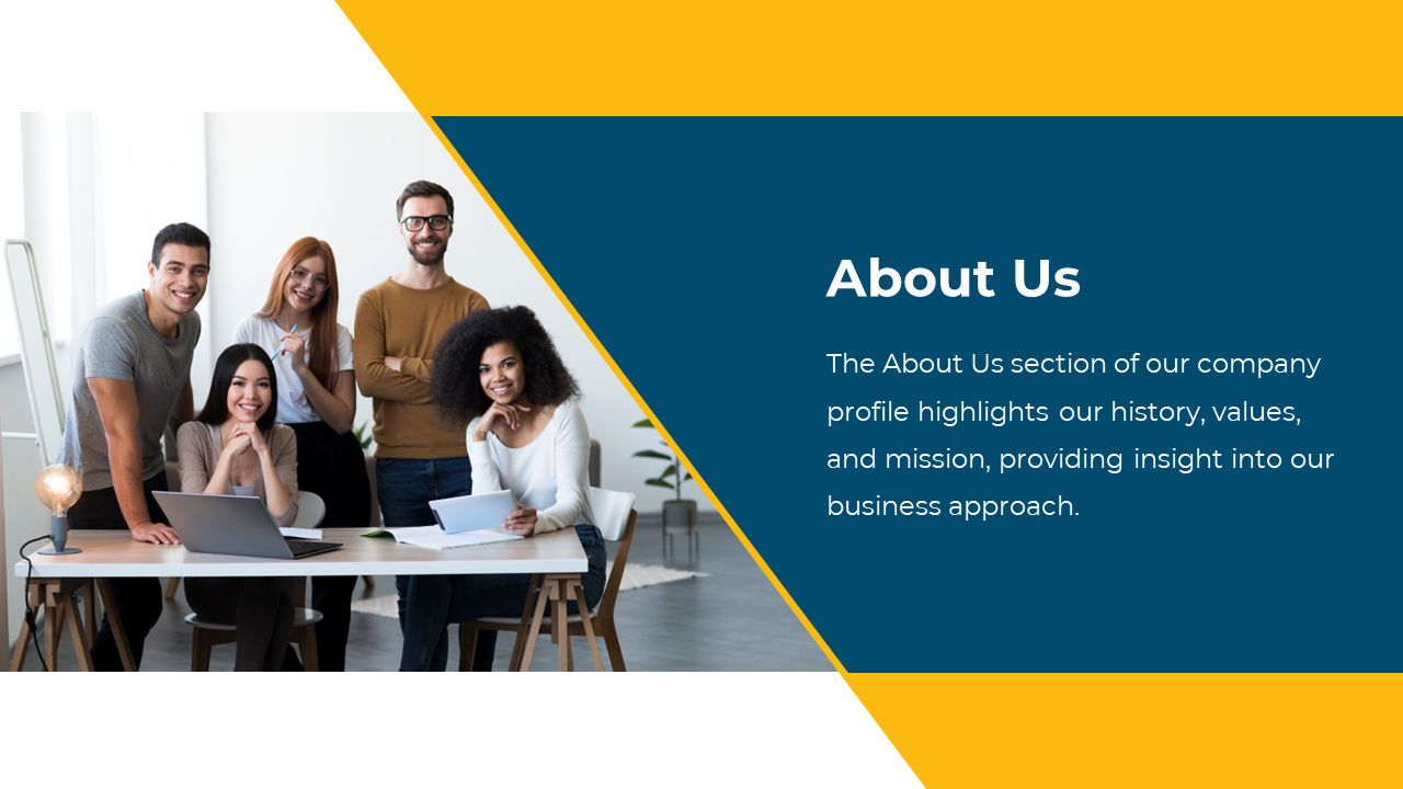 Five smiling professionals gathered around a desk in a bright office, framed by geometric shapes in blue and yellow.