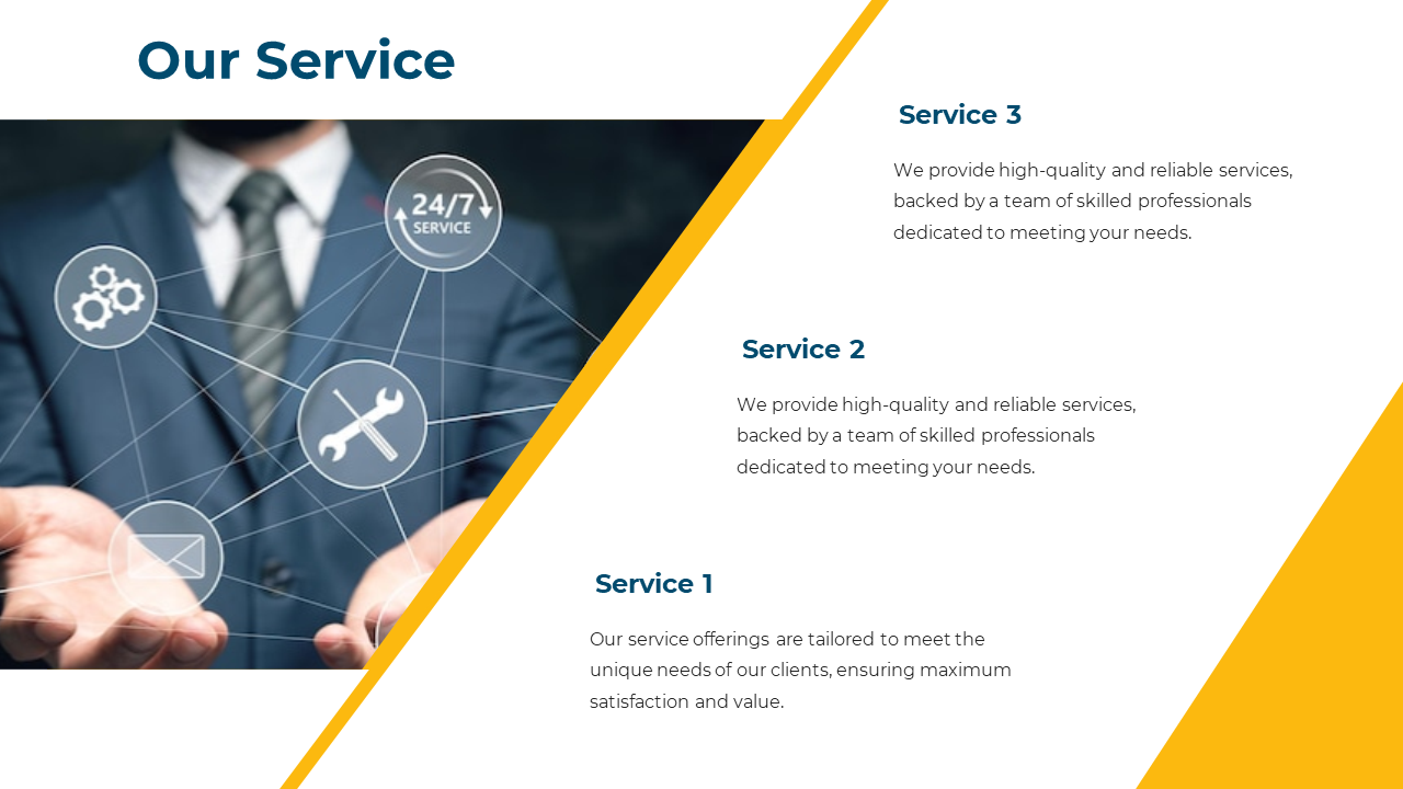 Slide with network of icons around a man in a suit, paired with three service descriptions with yellow accents.