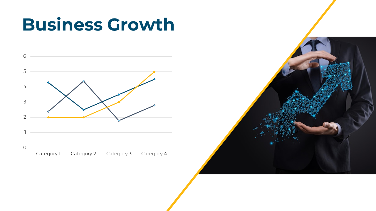 Business growth slide with a line graph comparing categories, paired with an image of a man holding a digital arrow.