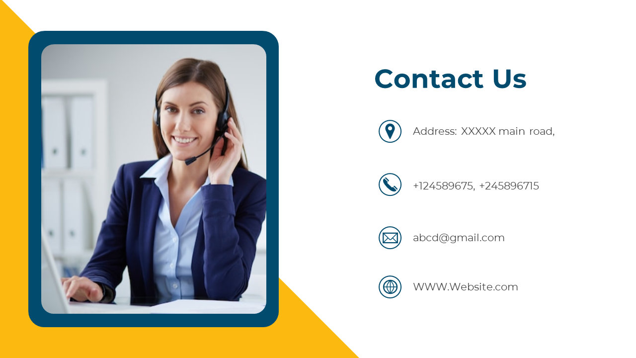 Slide featuring a woman with a headset in a modern office setting, with yellow accents, and contact details on the right.