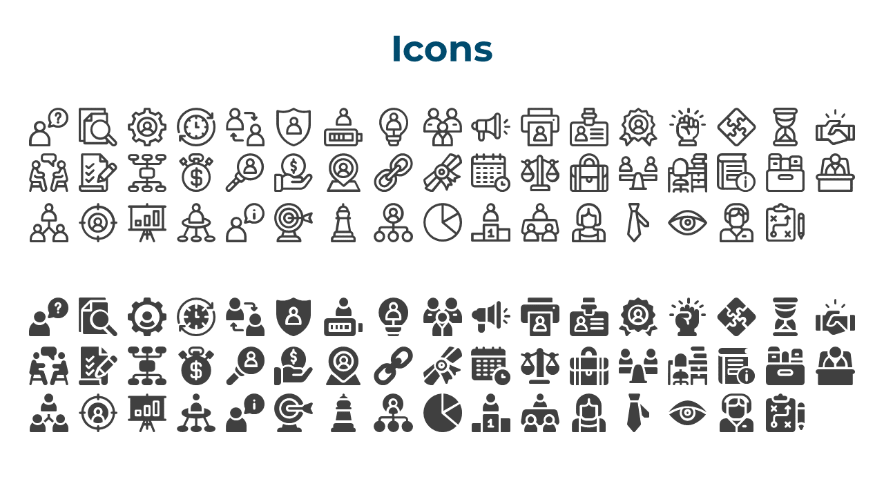 Detailed set of icons arranged in two sections, showing business, social media, and professional symbols.