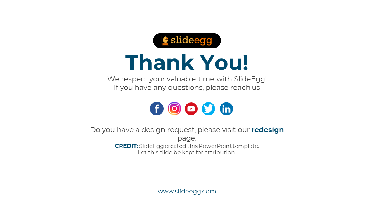 Thank you slide with SlideEgg branding, social media icons, and a contact message, set against a simple white background.