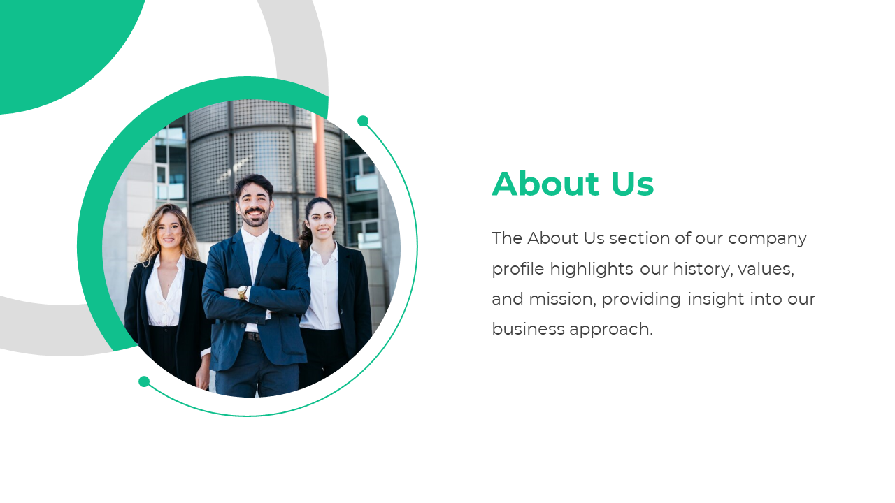 About us slide with professional team of three standing outside an office building, framed by circular green design accents.