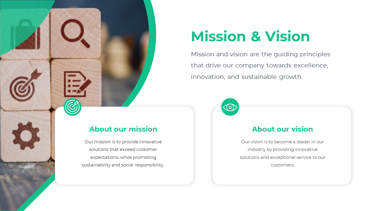 Slide with a green curved design featuring icons on wooden blocks and two text boxes detailing the mission and vision.