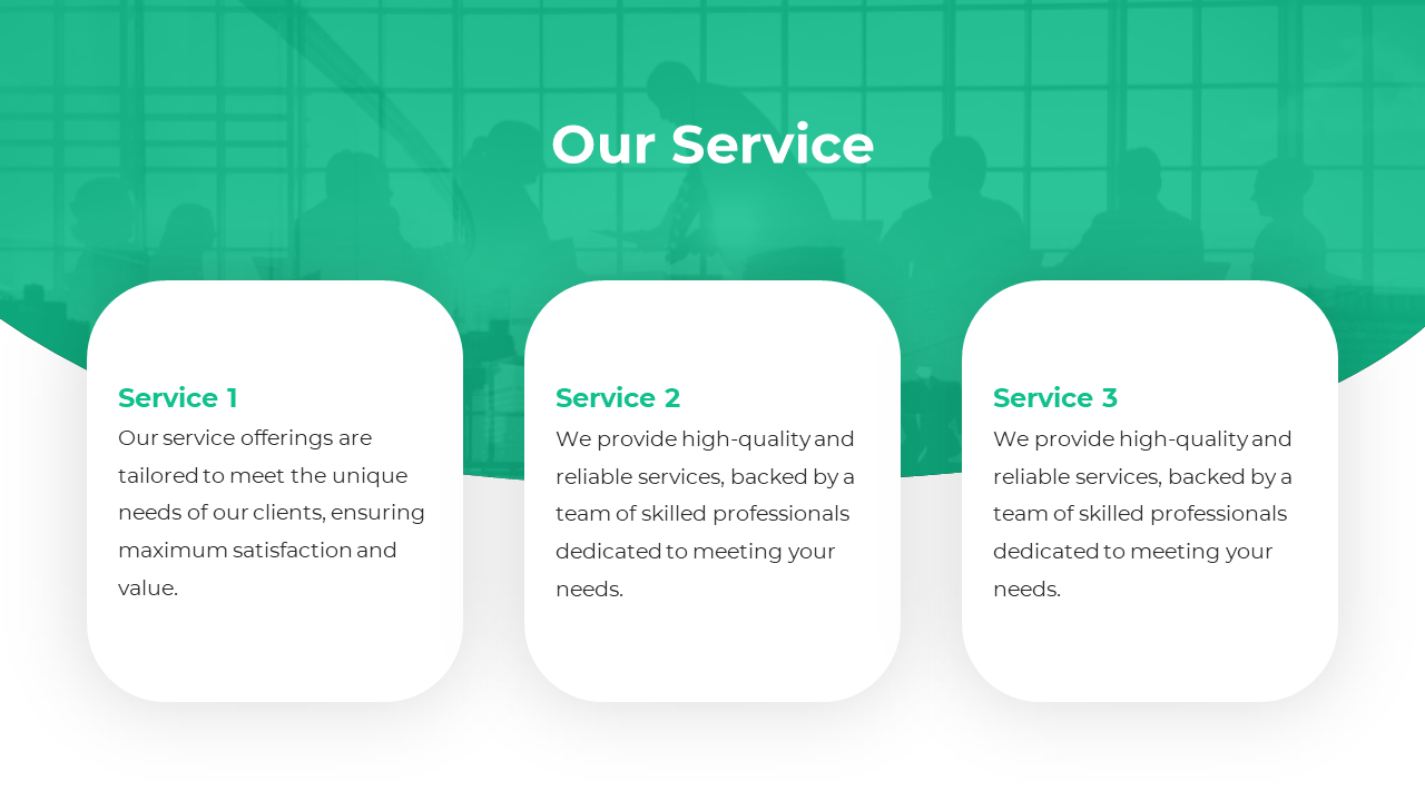 Slide showcasing three service offerings with green accents, and descriptions in separate white rounded boxes.