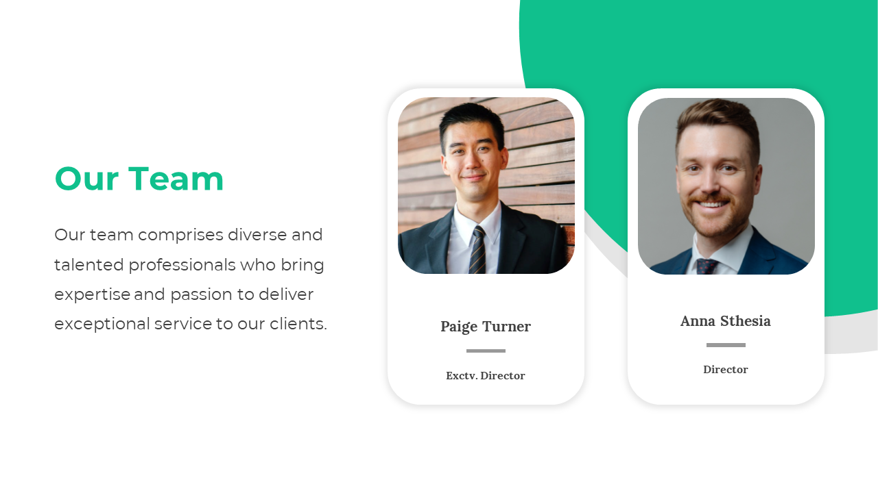 Slide introducing the team with two professional portraits, showcasing their names and roles, with green accents.