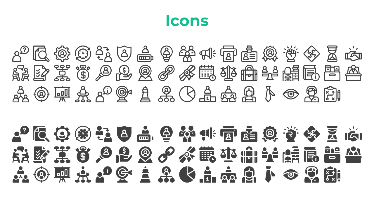 Icons collection in two sections of outlined and filled styles showing business concepts, with green title.
