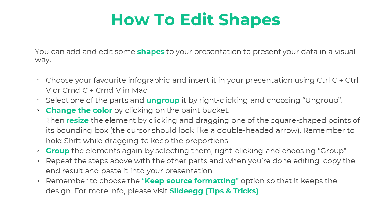 Tutorial slide with green text providing instructions for editing shapes in a PowerPoint presentation.
