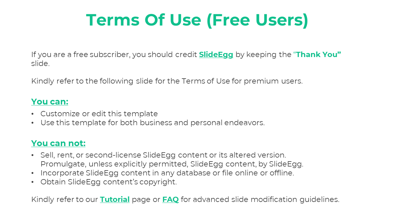 Slide with the terms of use for free subscribers, listing what is allowed and prohibited when using SlideEgg templates.